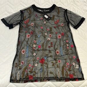 Fashion Nova Black Sheer Top with Floral Embroidery